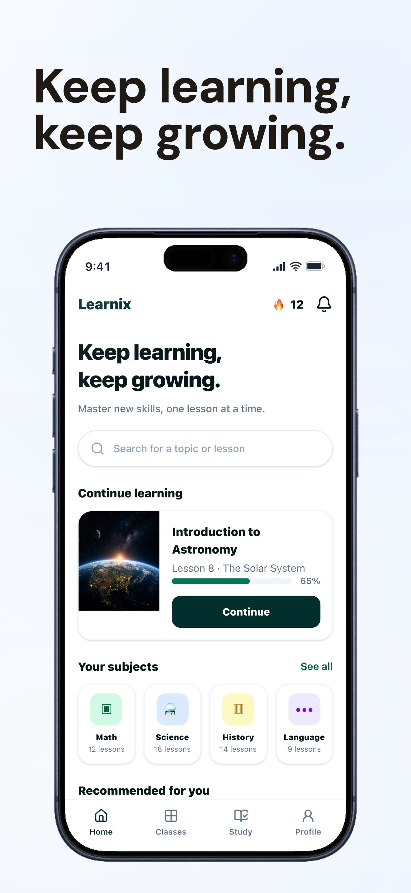 Education App Store screenshot demo showing Learnix learning home.