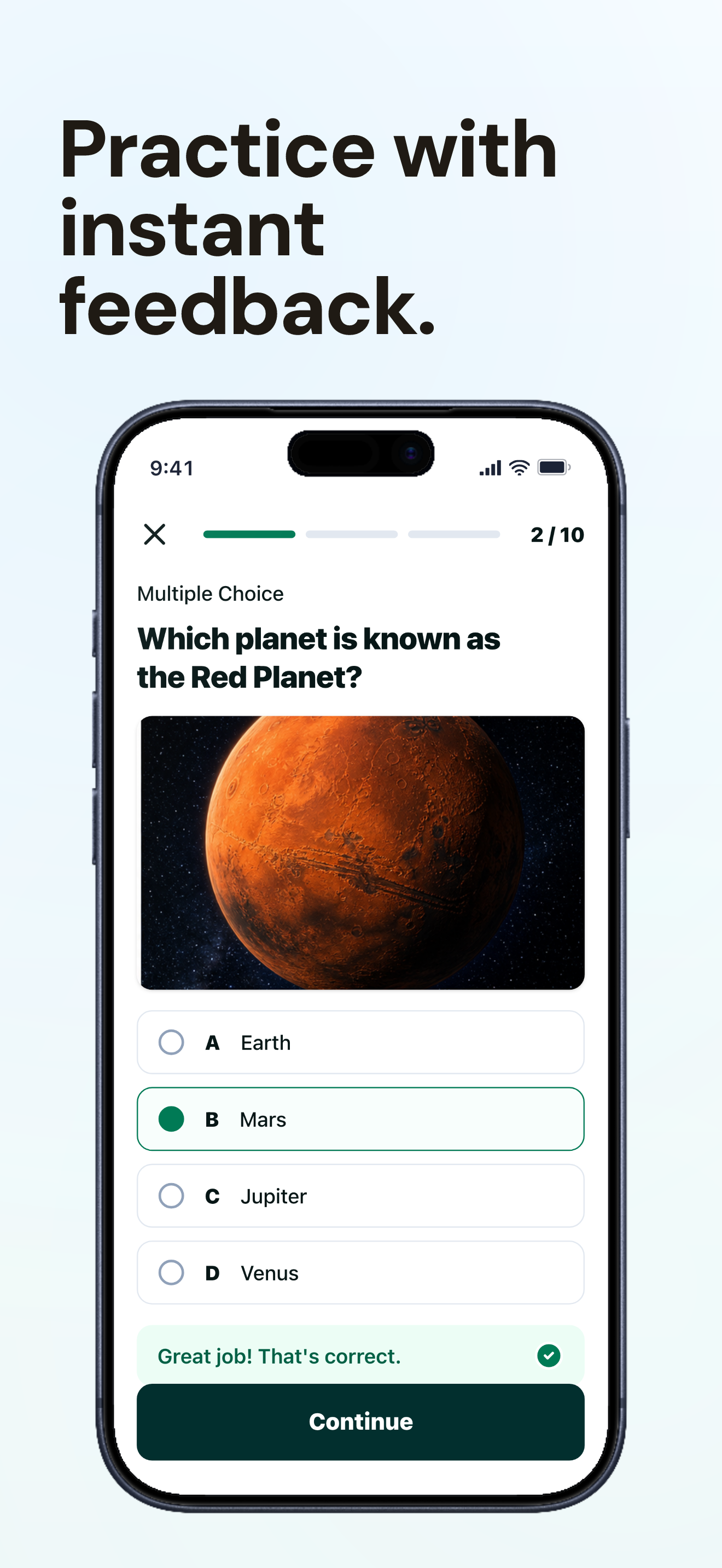 Education App Store screenshot demo showing Learnix astronomy quiz.