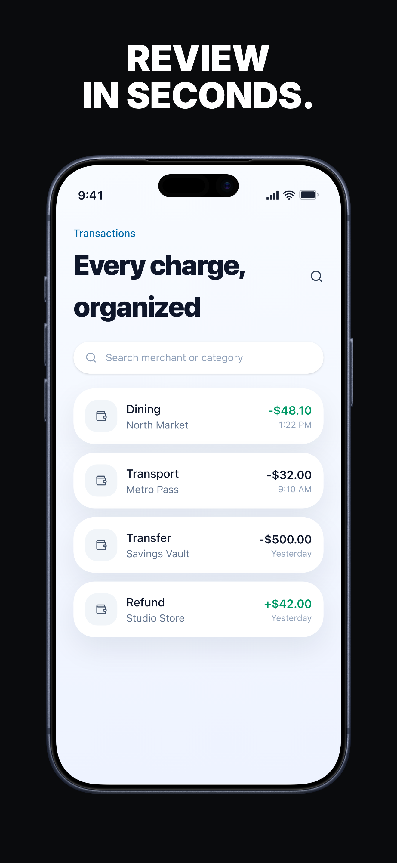 LedgerFlow finance App Store screenshot example showing transaction review.