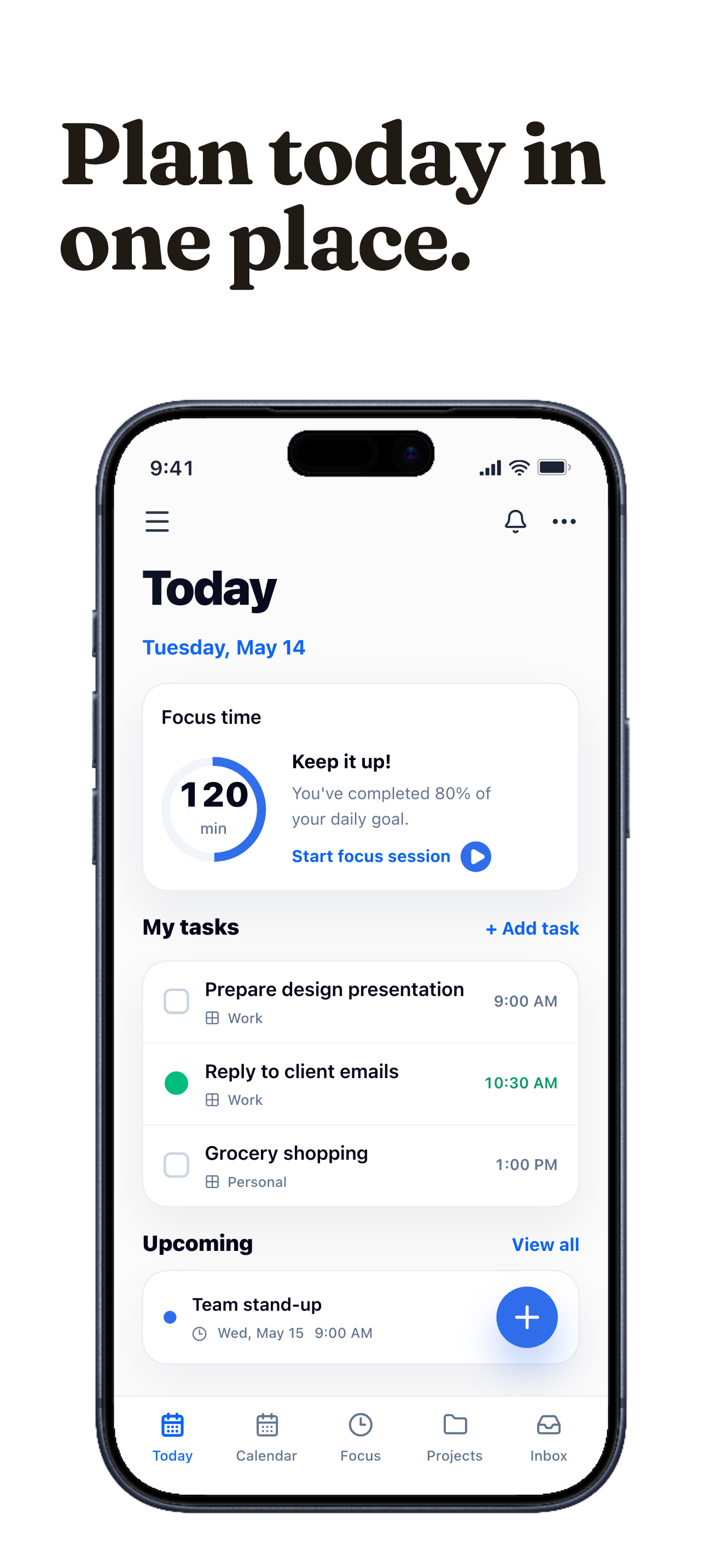 FocusDock App Store screenshot showing the Today dashboard, focus time, and daily tasks.