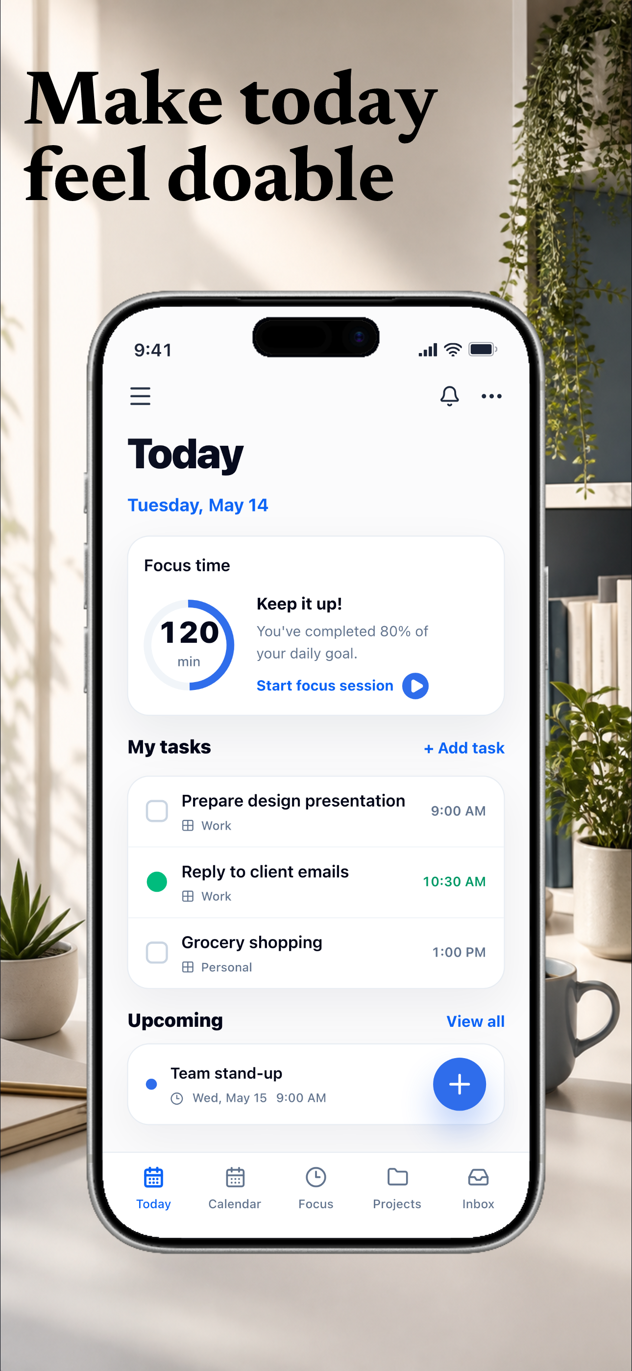 FocusDock App Store screenshot showing the Today dashboard, focus time, and daily tasks.