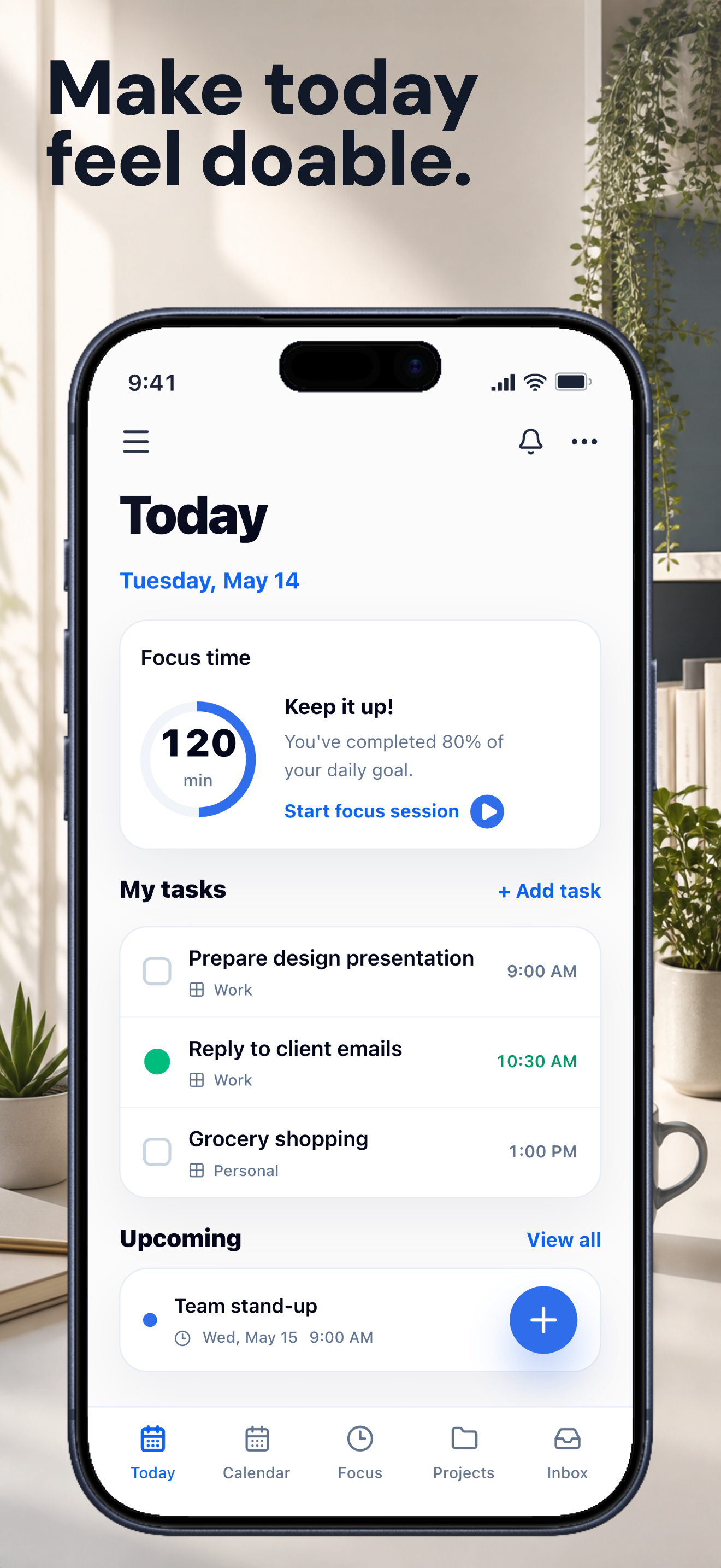FocusDock App Store screenshot showing the Today dashboard, focus time, and daily tasks.