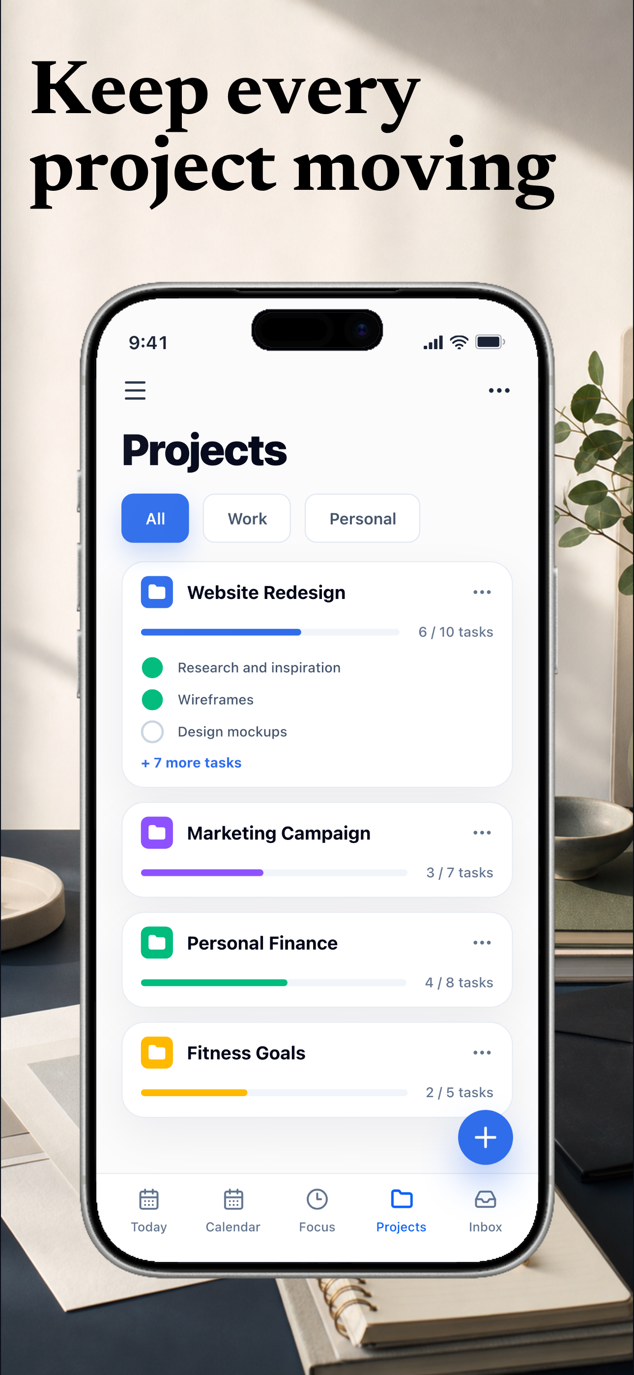 FocusDock App Store screenshot showing project progress and grouped tasks.