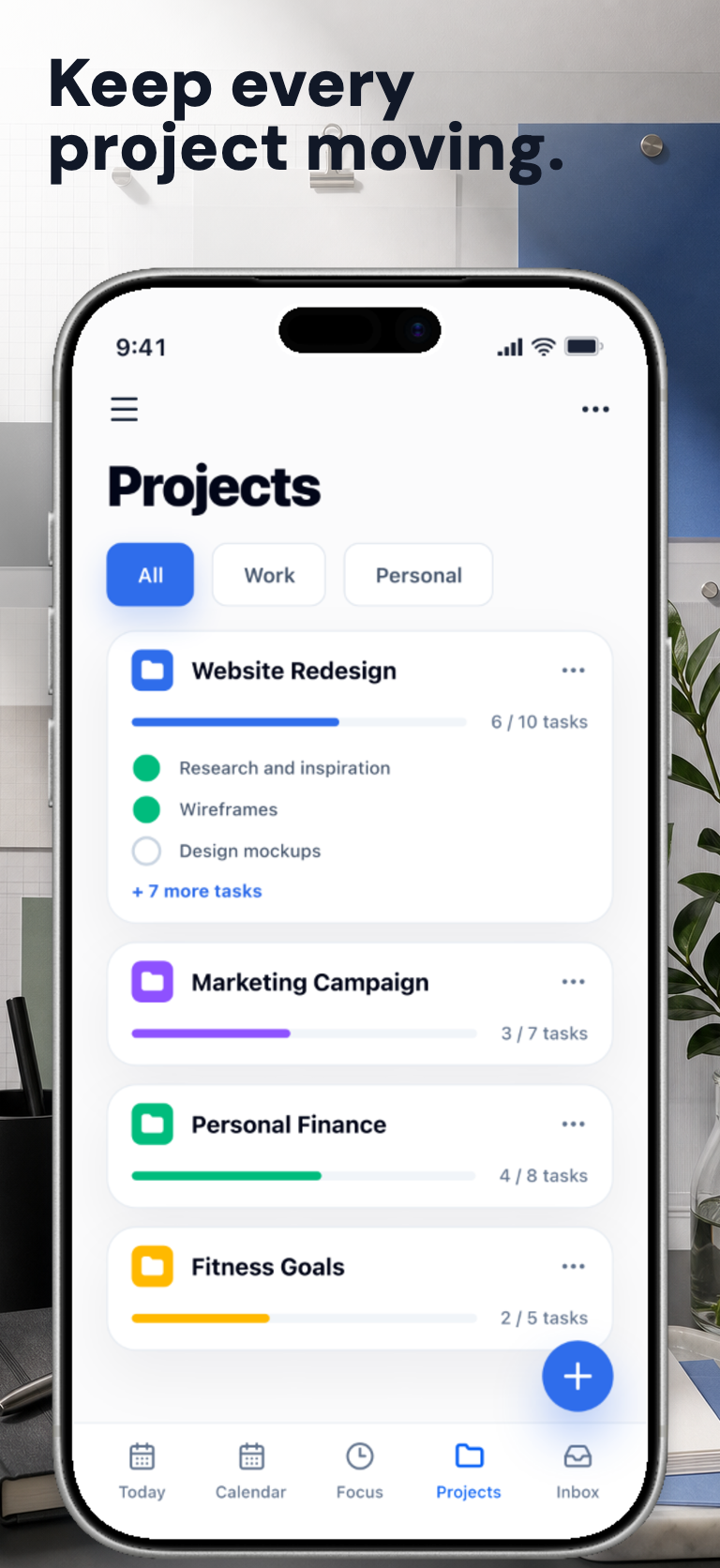 FocusDock App Store screenshot showing project progress and grouped tasks.