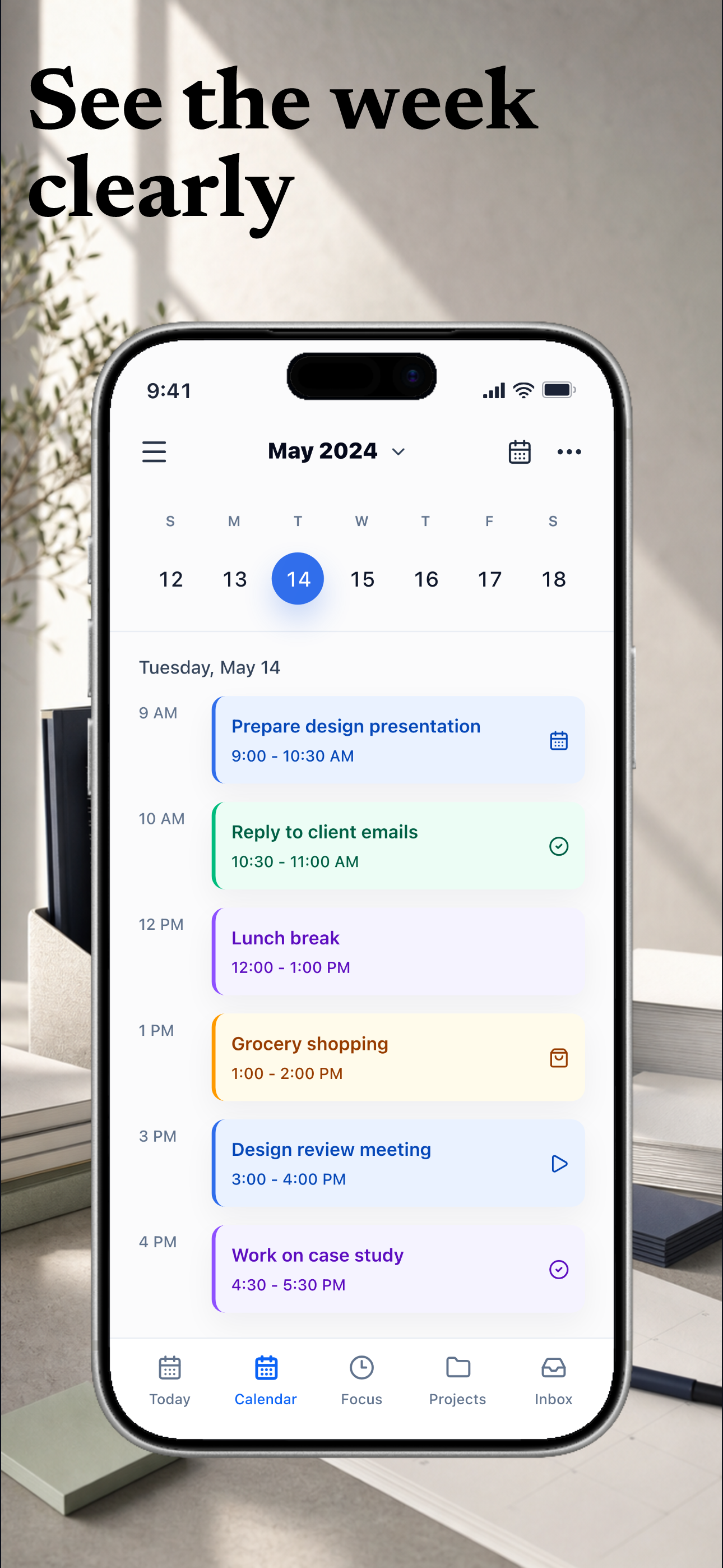 FocusDock App Store screenshot showing a daily calendar schedule.