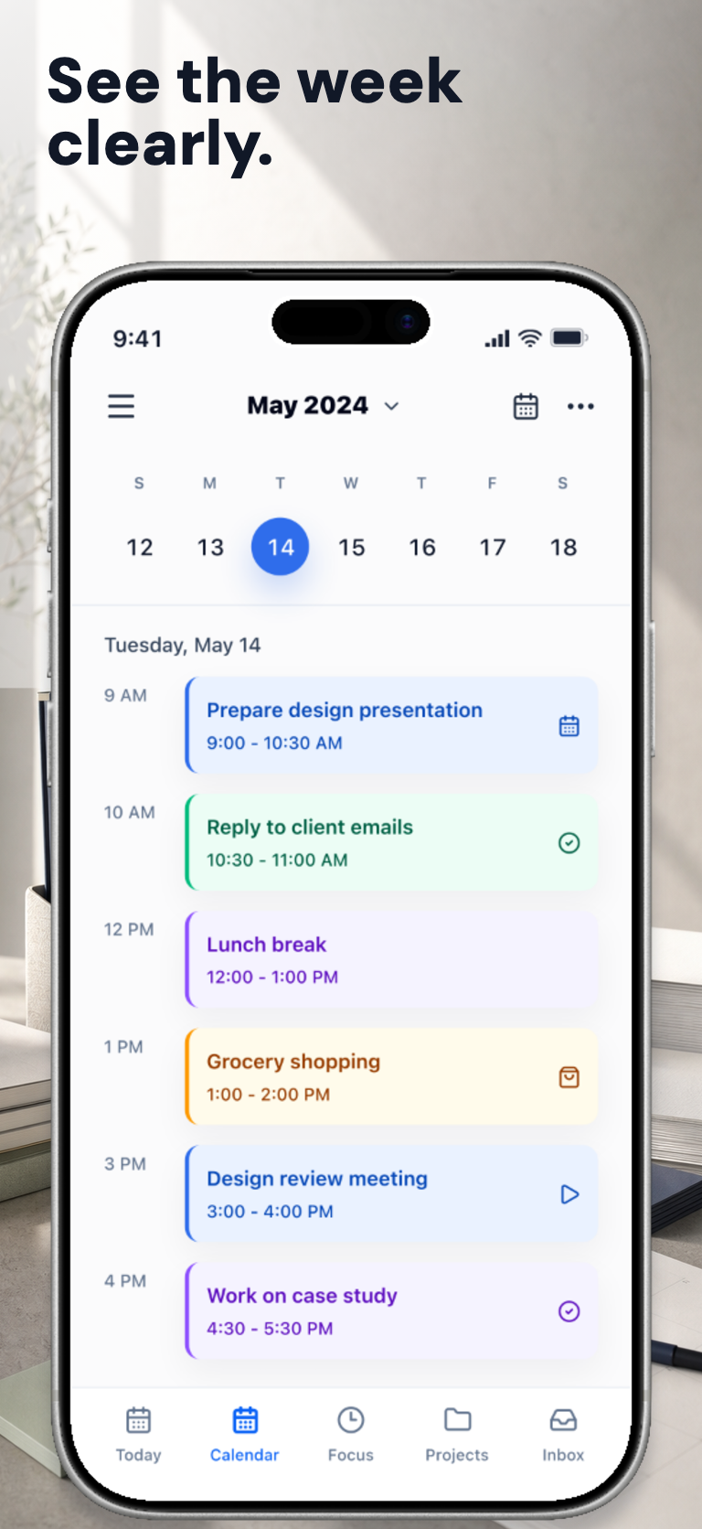 FocusDock App Store screenshot showing a daily calendar schedule.