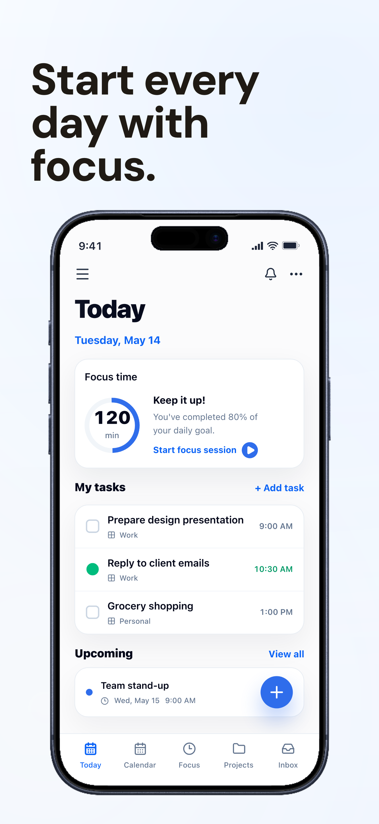 FocusDock App Store screenshot showing the Today dashboard, focus time, and daily tasks.