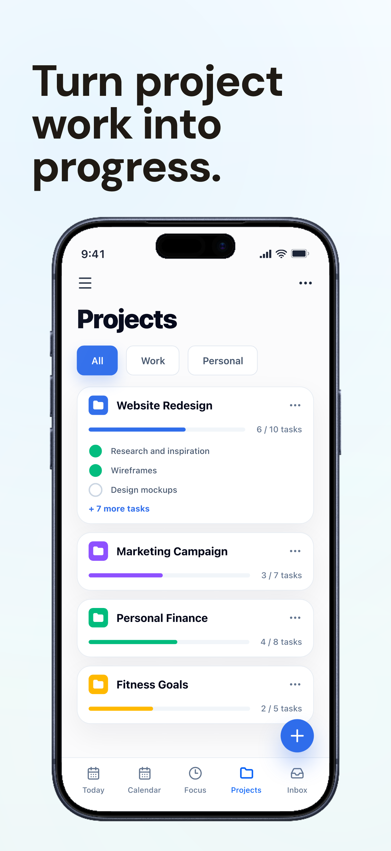 FocusDock App Store screenshot showing project progress and grouped tasks.