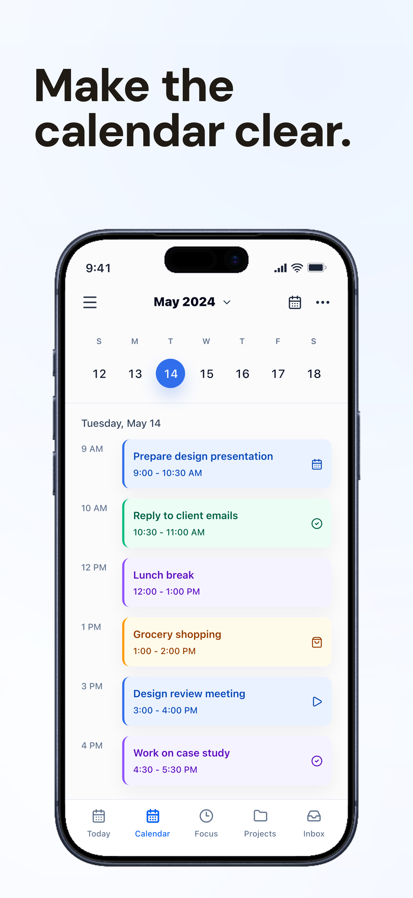 FocusDock App Store screenshot showing a daily calendar schedule.