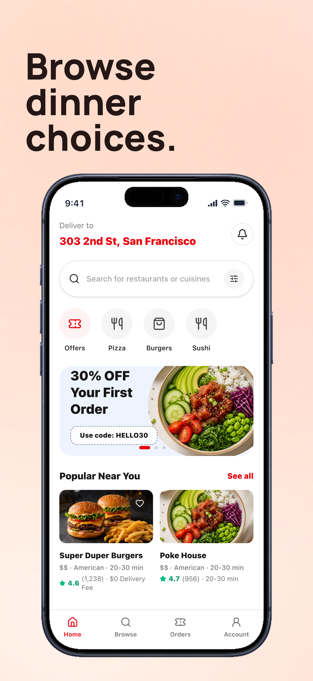 Food delivery App Store screenshot demo showing QuickBite restaurant discovery.