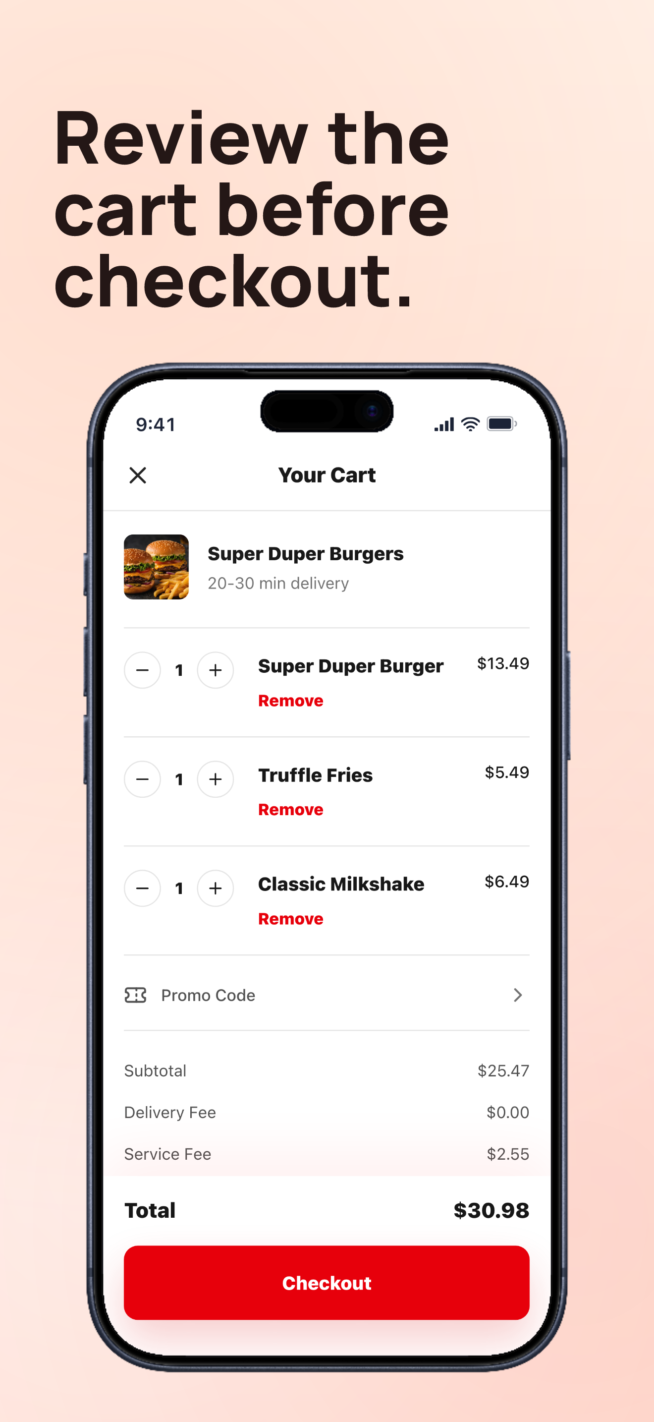 Food delivery App Store screenshot demo showing QuickBite cart checkout.