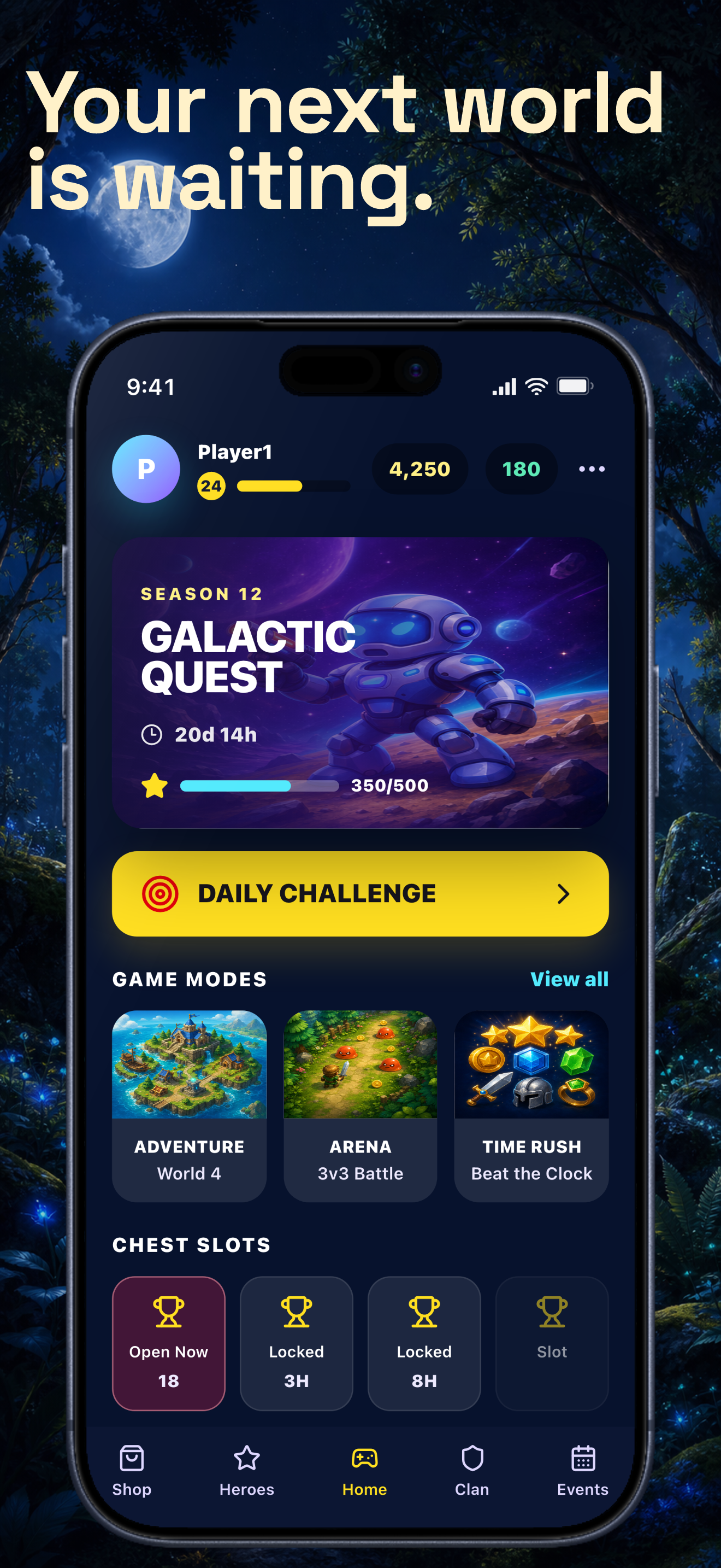 Gaming template App Store screenshot demo showing Galactic Quest season lobby.