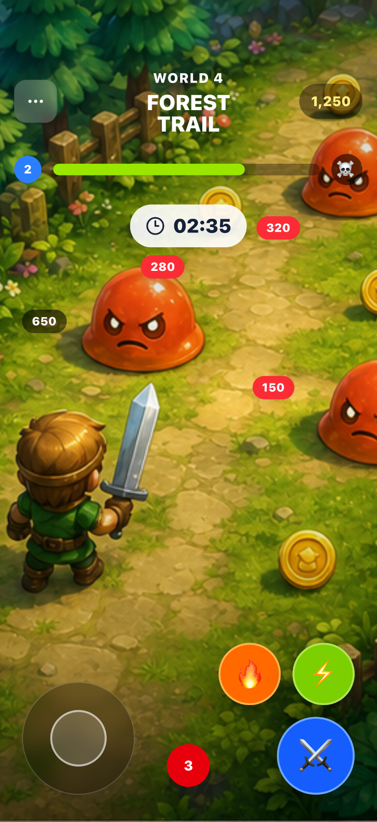 Galactic Quest full-screen gameplay App Store screenshot example showing a forest trail battle with controls, enemies, and objective UI.