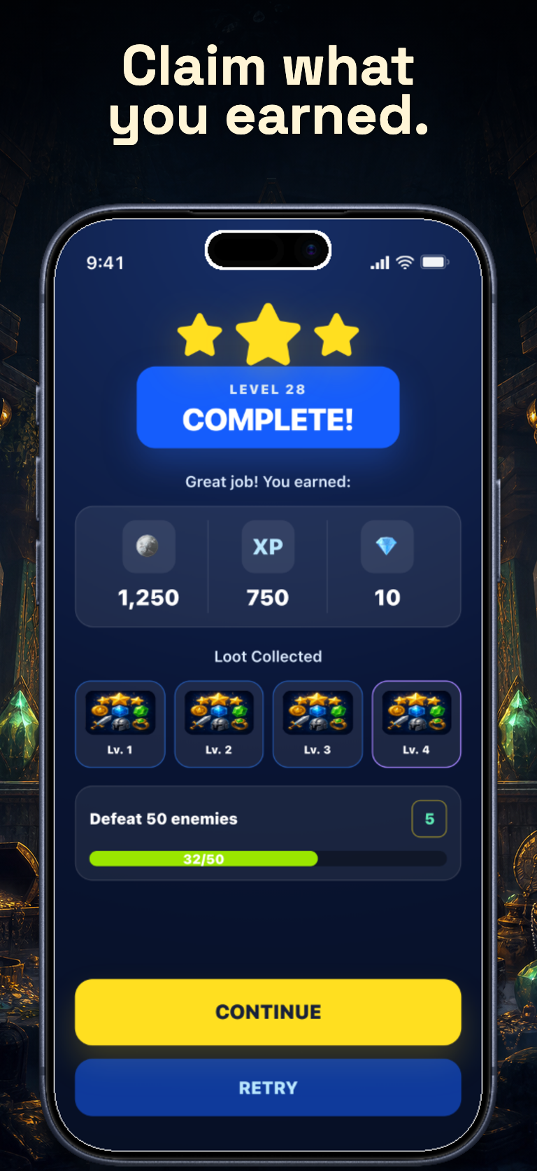 Gaming template App Store screenshot demo showing Galactic Quest level-complete rewards.