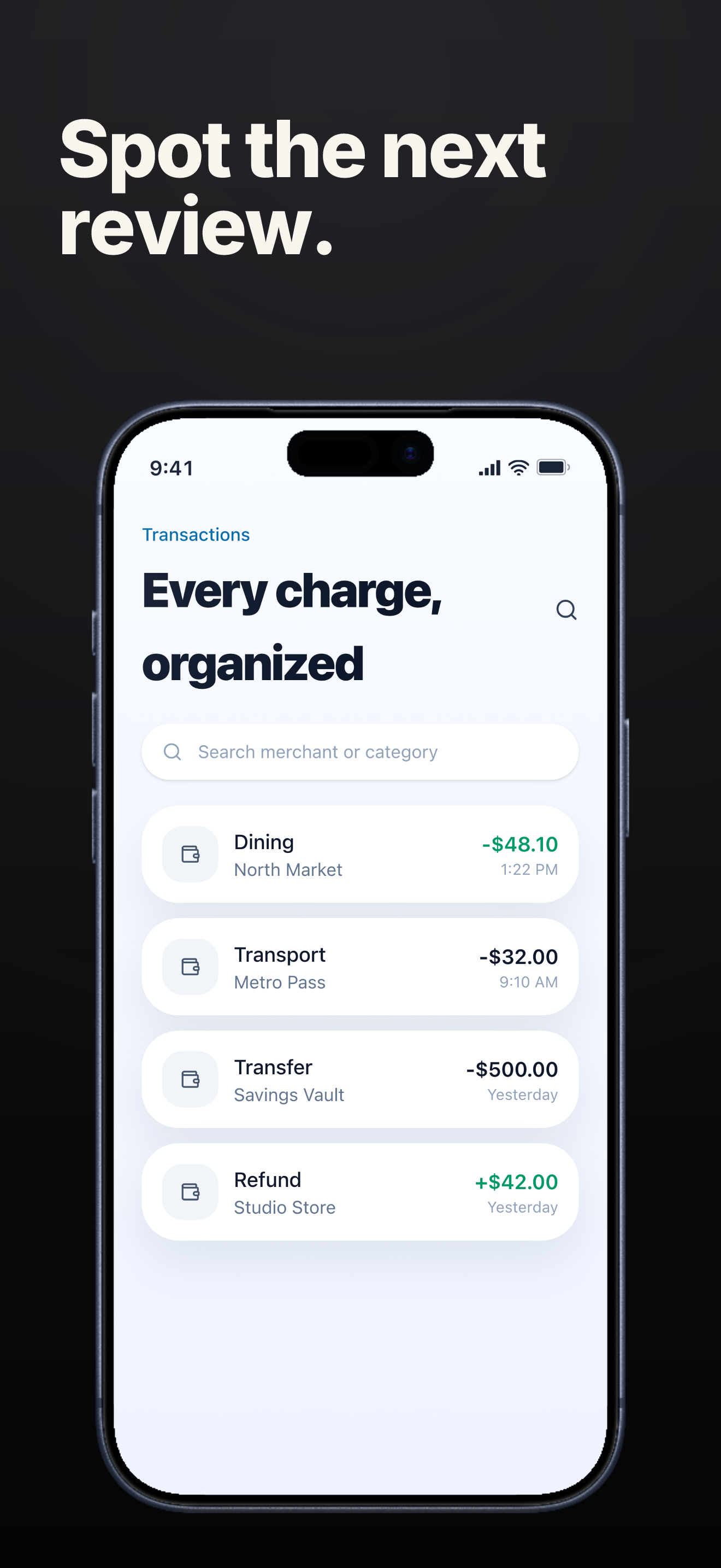 Dark Mode template App Store screenshot demo showing LedgerFlow transaction review.