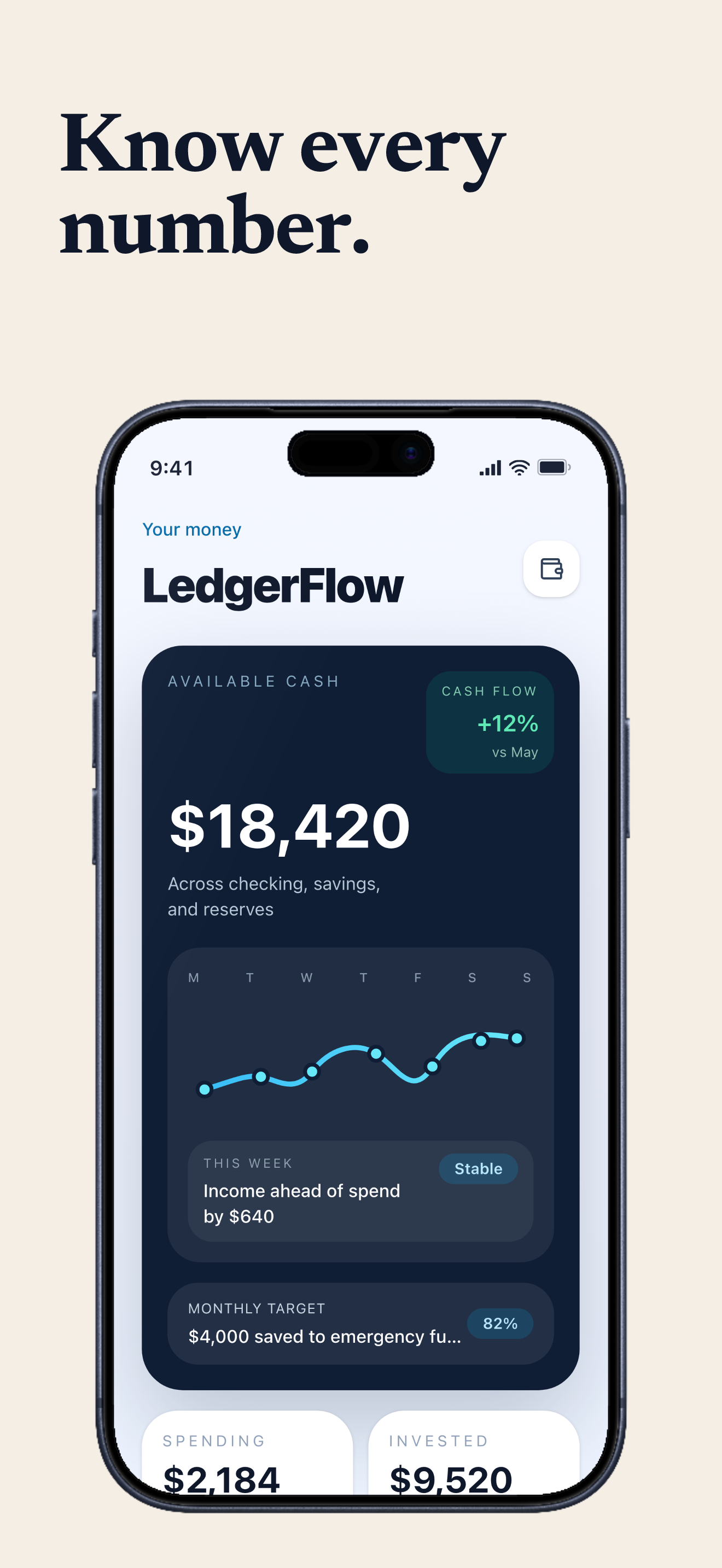 Finance template App Store screenshot demo showing LedgerFlow balance overview.
