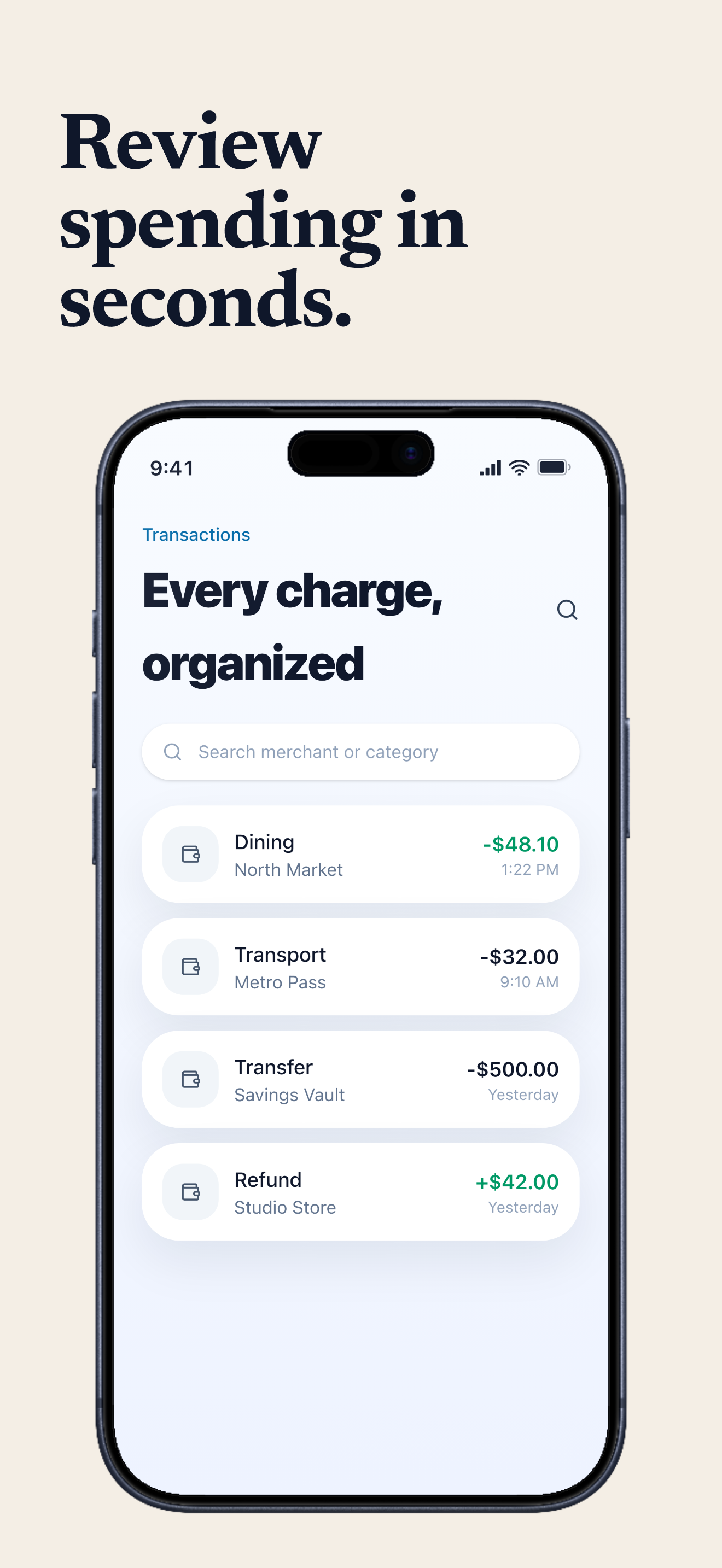 Finance template App Store screenshot demo showing LedgerFlow transactions.