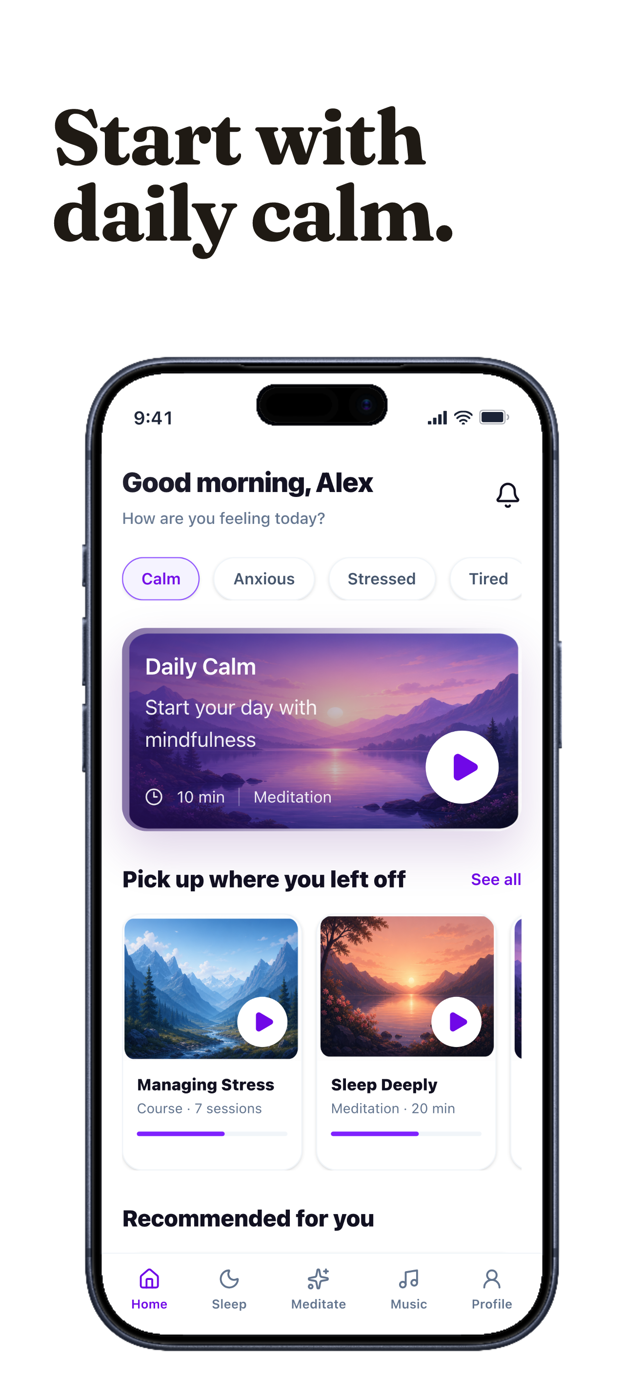 Meditation App Store screenshot demo showing Calmspace daily session.