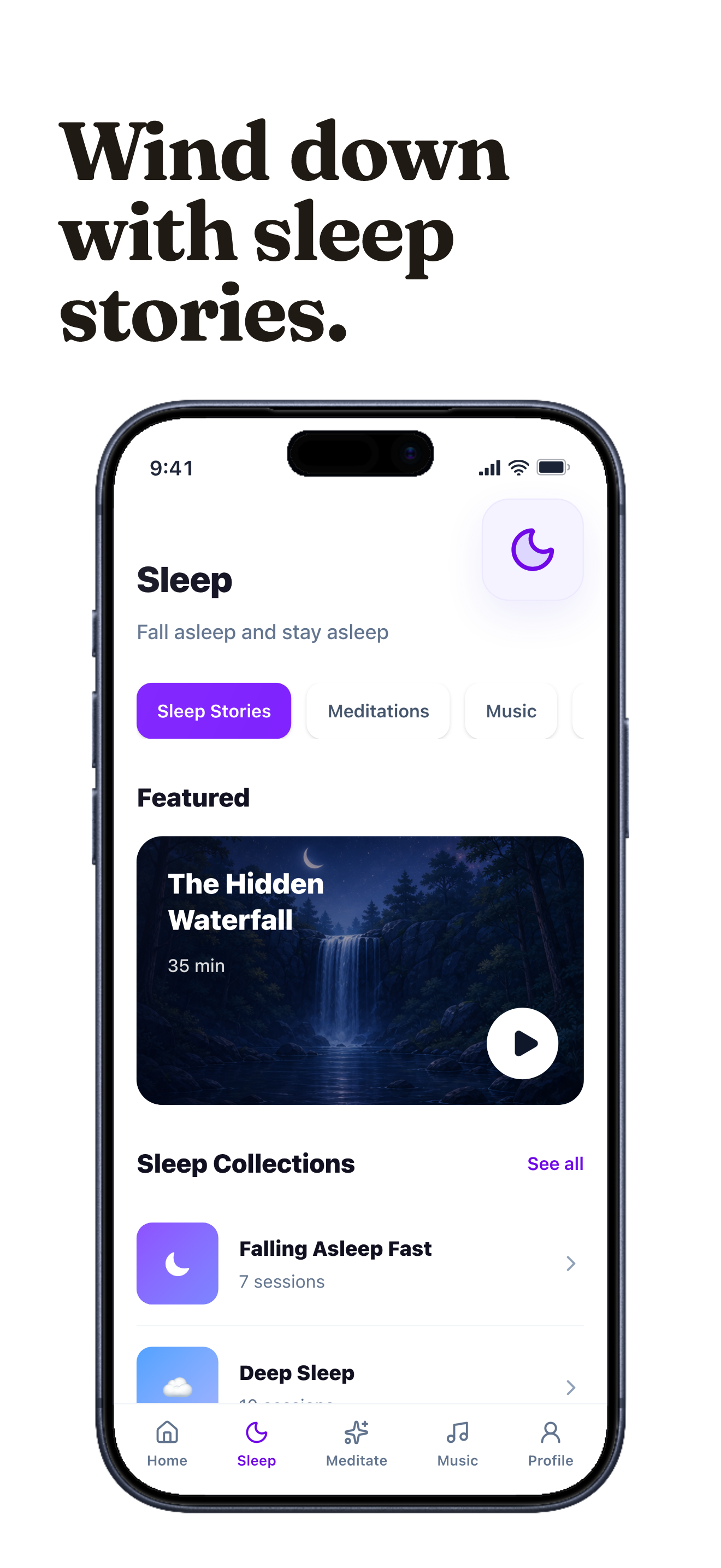 Meditation App Store screenshot demo showing Calmspace sleep story collection.
