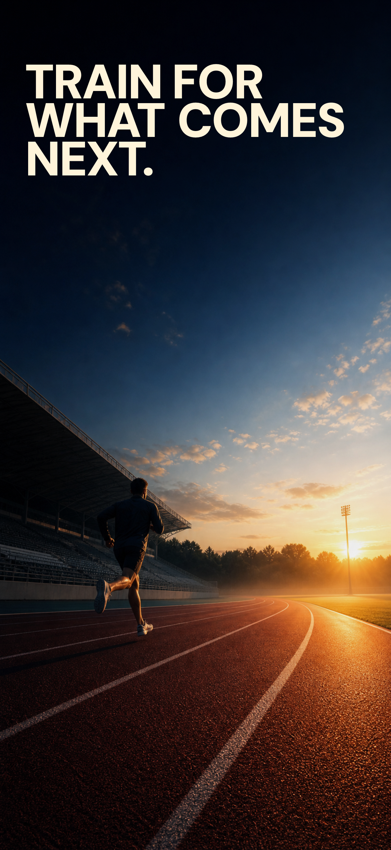 PacePilot fitness App Store screenshot with a runner on a track and the headline Train for what comes next.