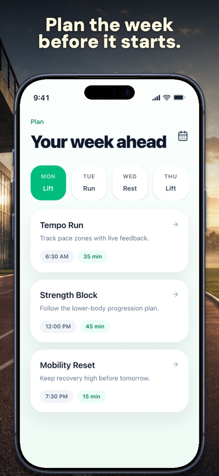 PacePilot App Store screenshot showing a weekly training plan.