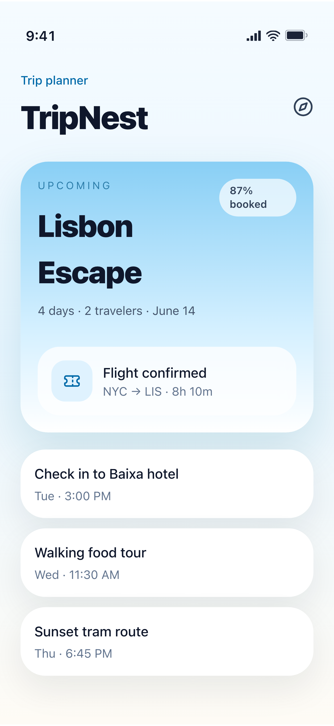 TripNest travel app itinerary source screen with Lisbon trip details.