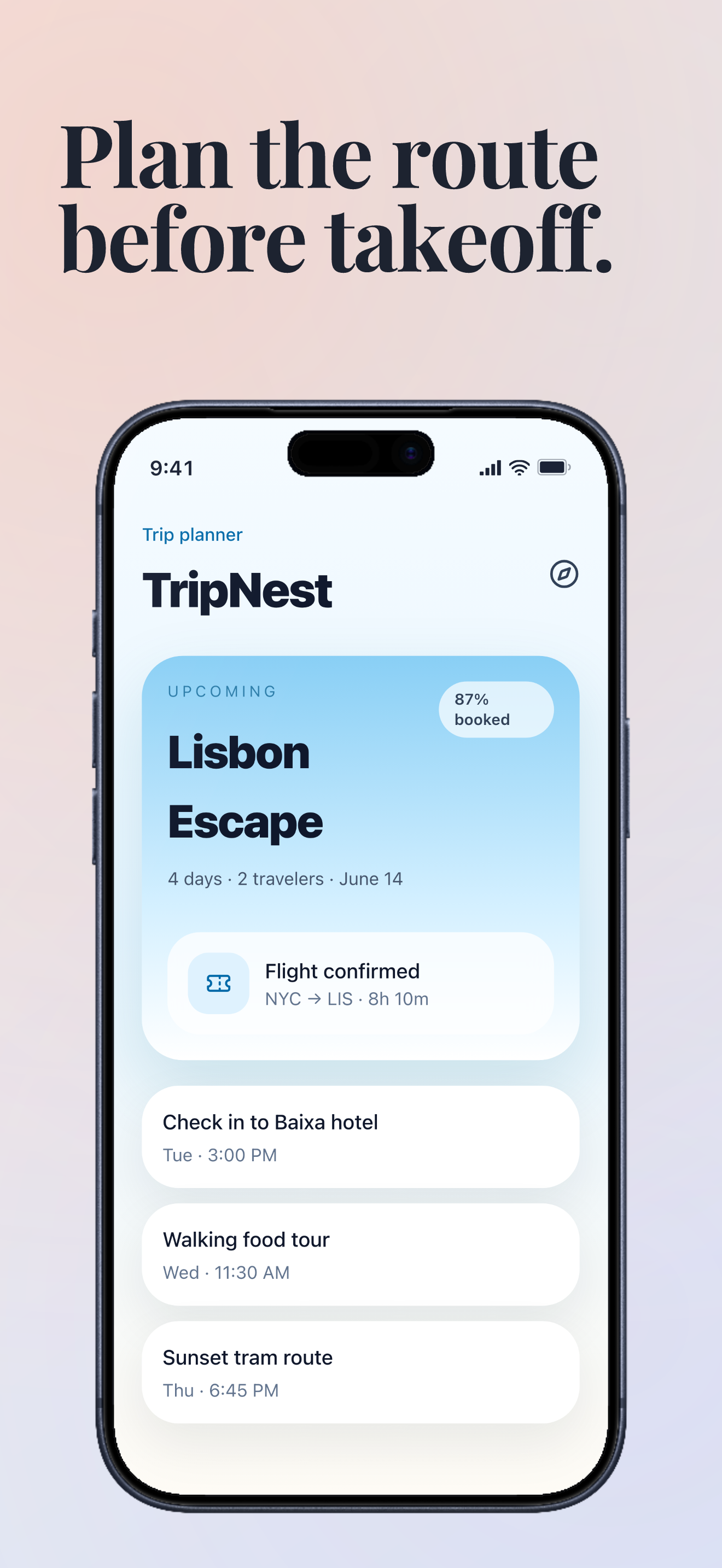 Gradient template App Store screenshot demo showing TripNest itinerary planning.