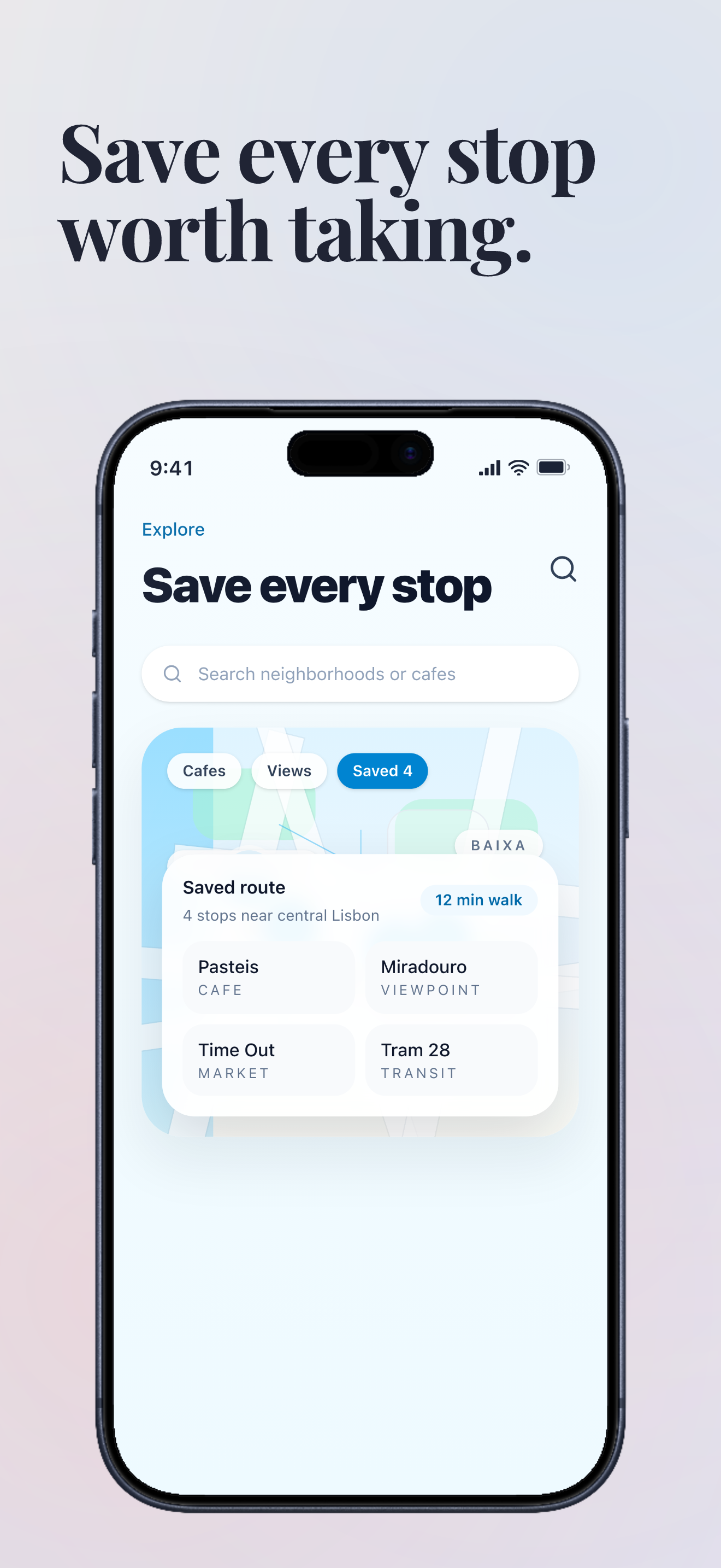 Gradient template App Store screenshot demo showing TripNest saved map stops.