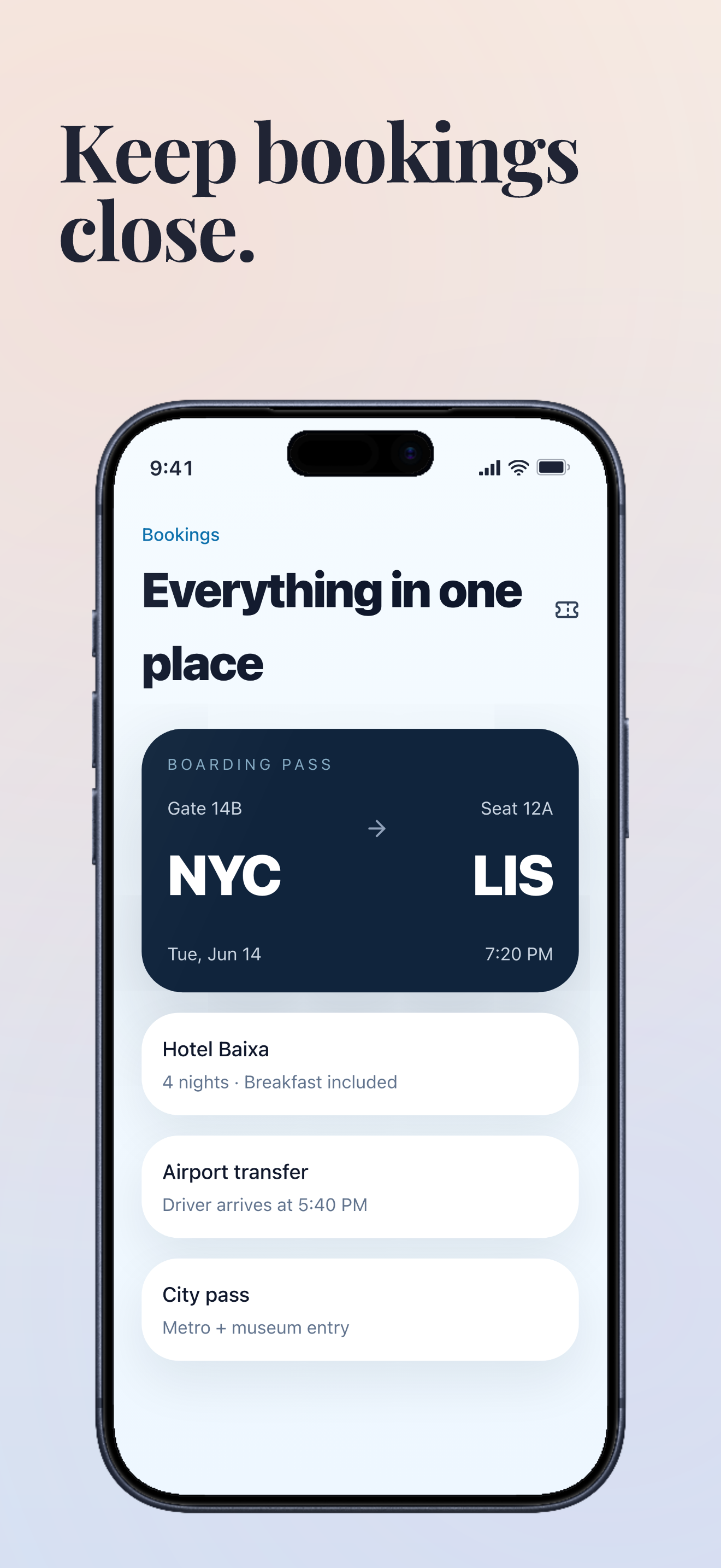 Gradient template App Store screenshot demo showing TripNest bookings.